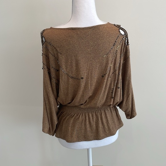 Miss Me Brown Open Shoulder Beaded Sequined Top. Medium - Picture 6 of 10